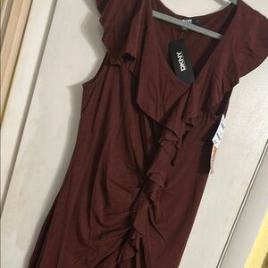 DKNY Asymmetrical Ruffled Dress in Deep Brown almost burgundy (wine)